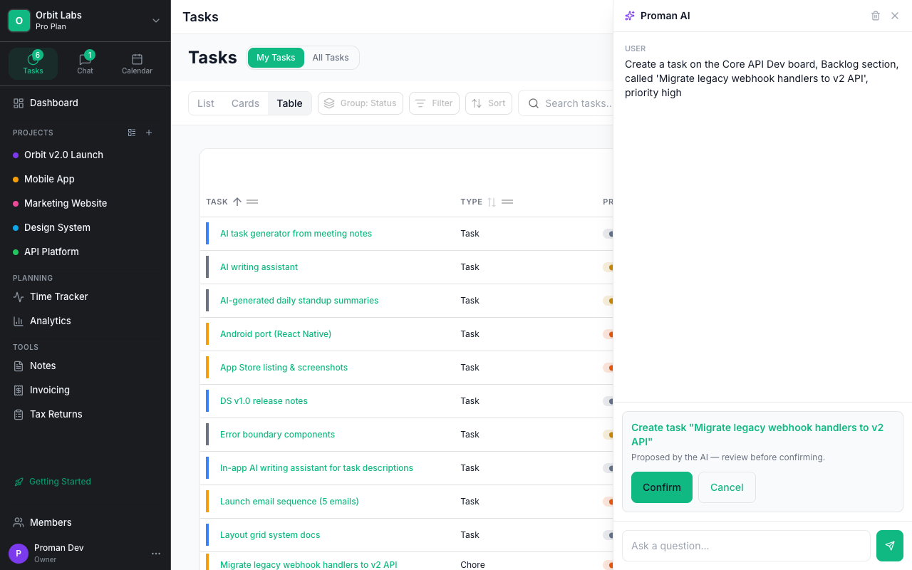 Proman AI agent creating a task from a prompt