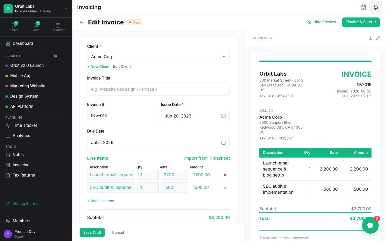 Proman invoice creation prefilled from time entries