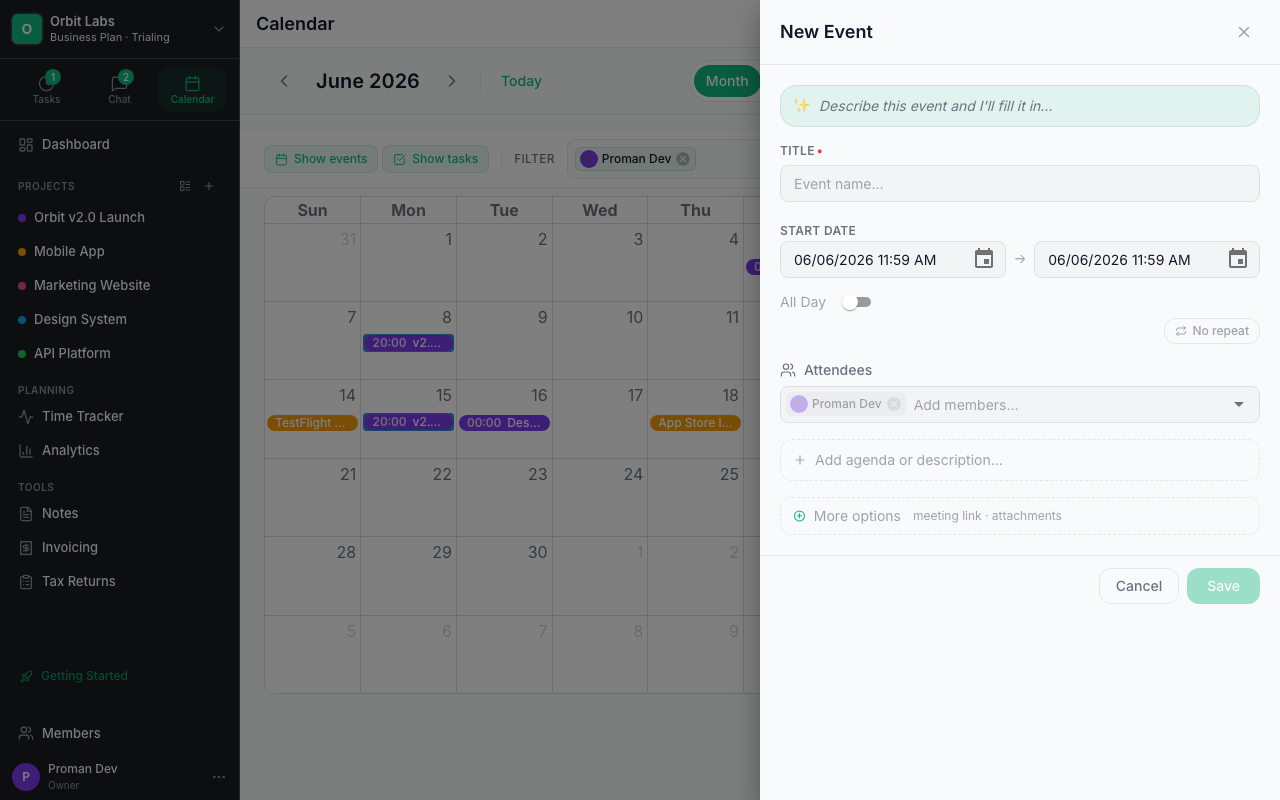 Proman event creation form modal