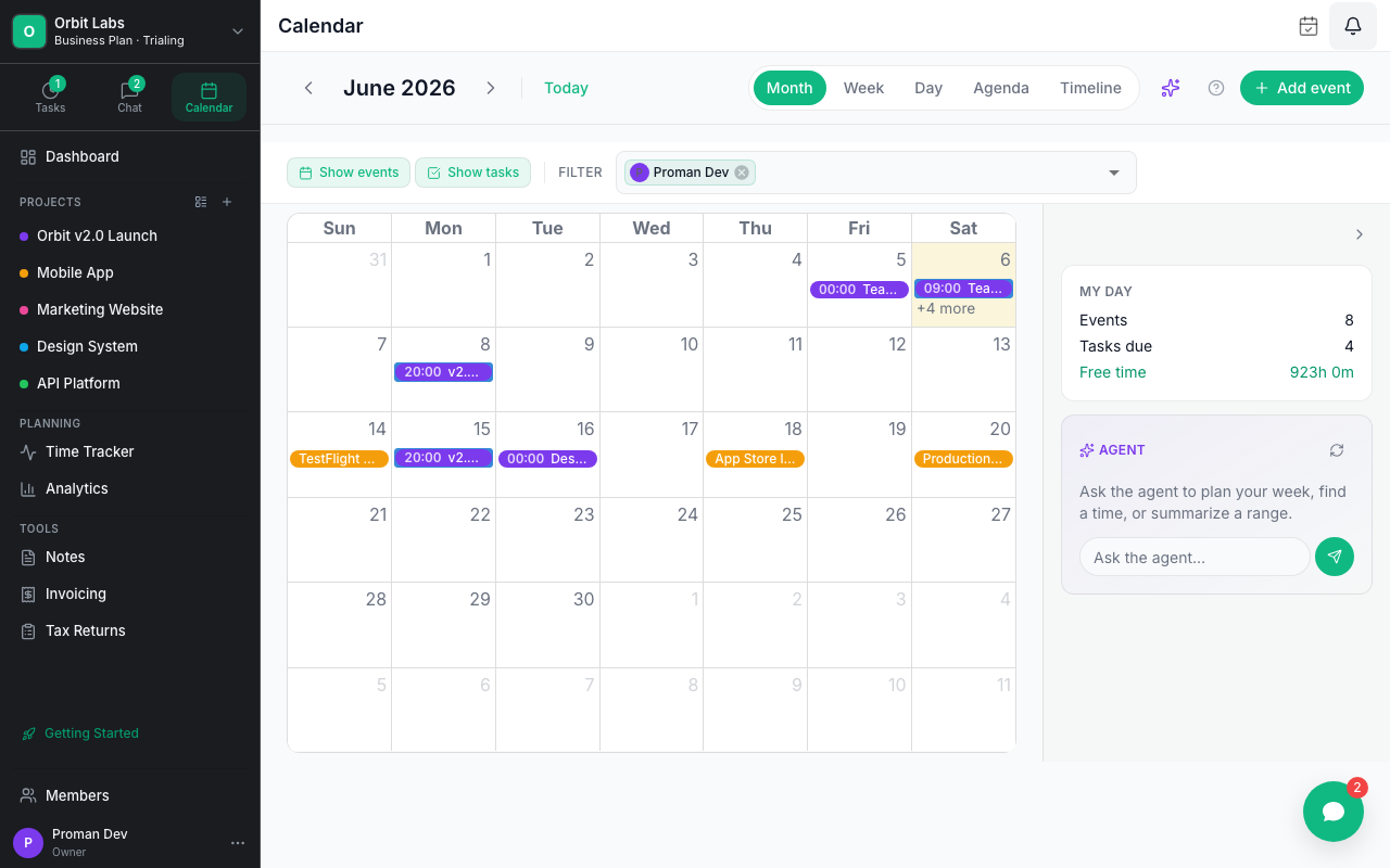 Proman calendar month view with tasks and events
