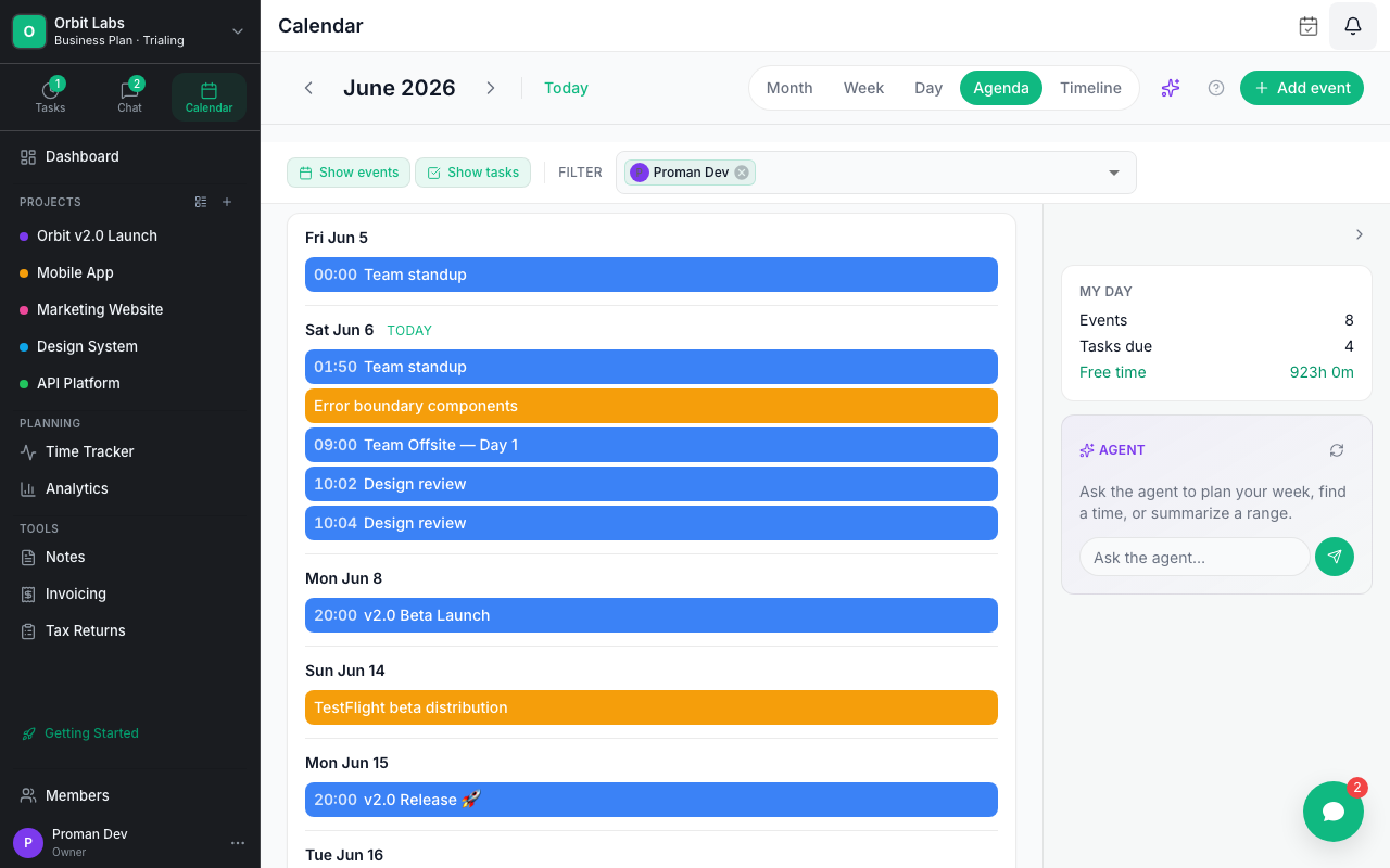 Proman calendar showing tasks from multiple projects colour-coded