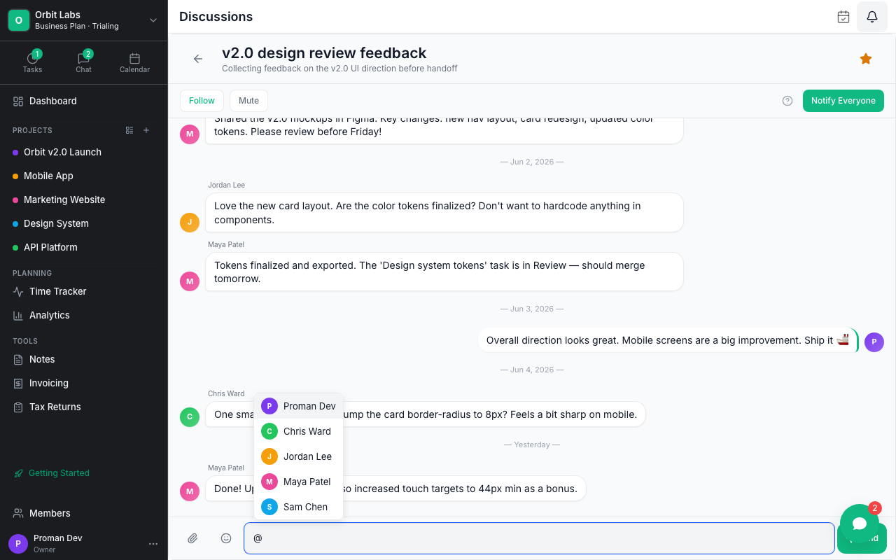 Proman chat thread with @mention highlighted