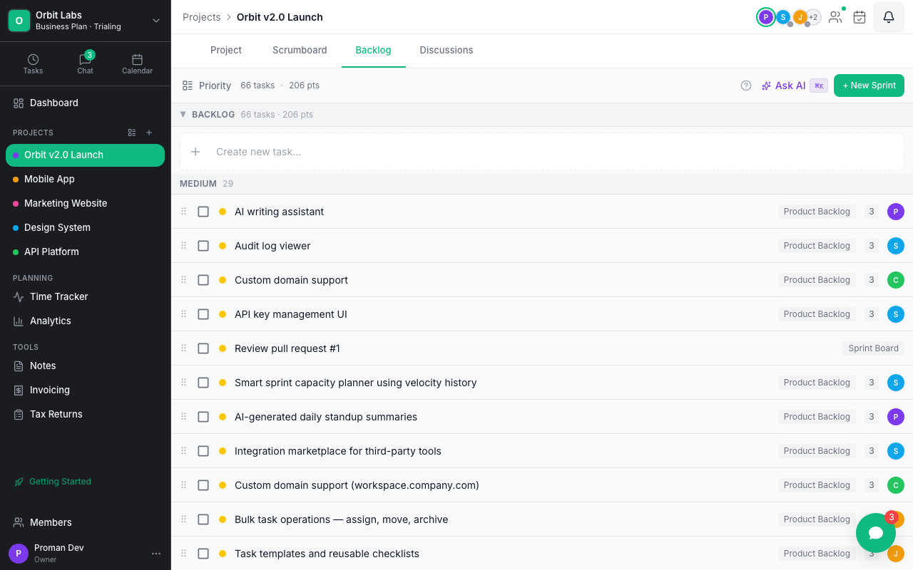 Proman backlog list view