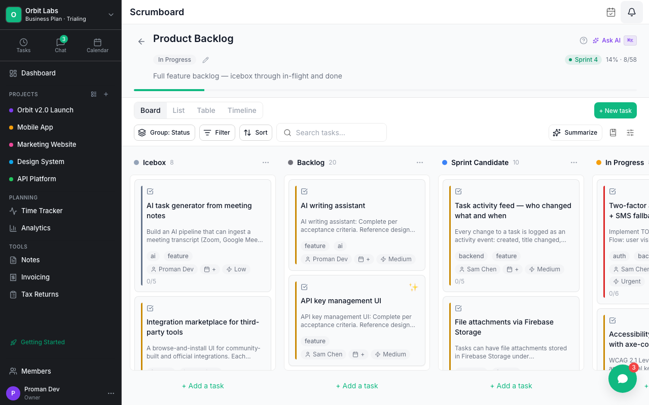 Proman kanban board with cards in multiple columns
