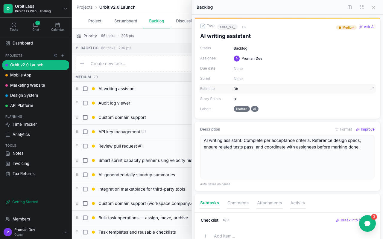 Proman task detail panel with subtasks and comments